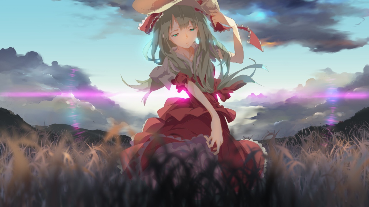 Девушка в шляпе идет по полю, аниме Kagiyama Hina