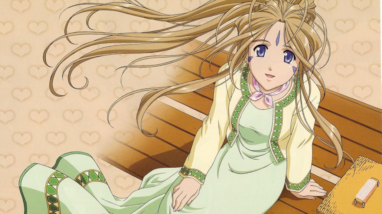 Девушка на скамье в аниме Belldandy
