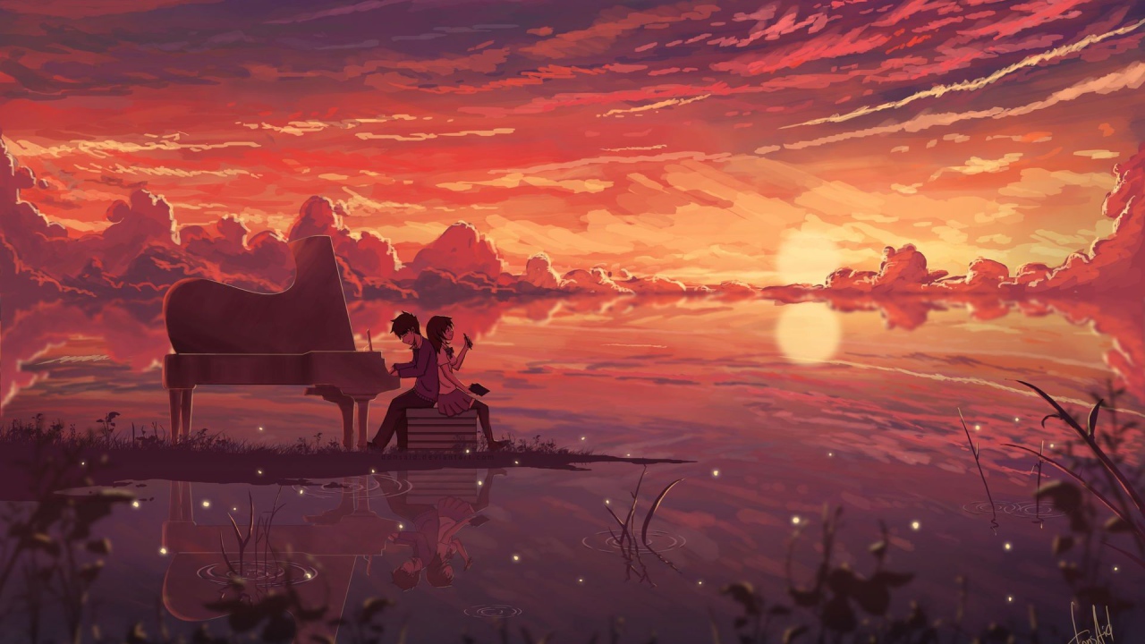 Парень играет на рояле для девушки, аниме