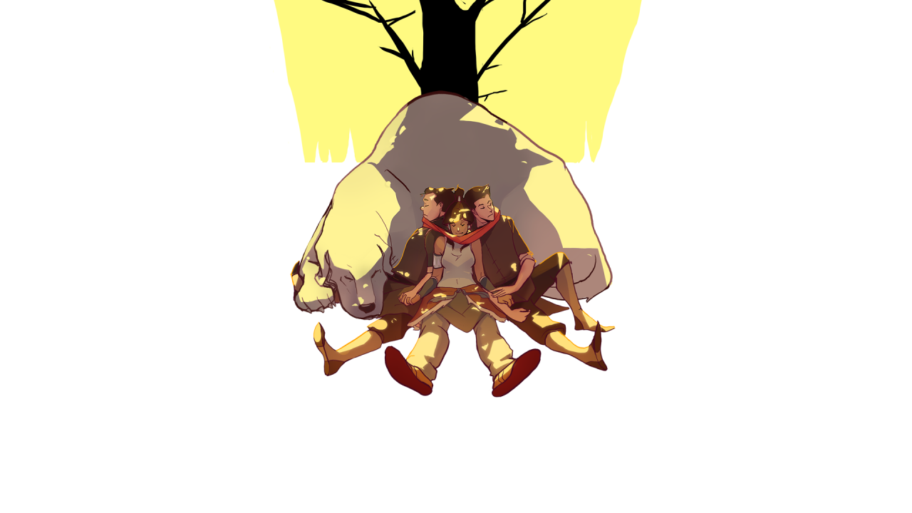 Три персонажа аниме Легенда о Корре спят у бока животного