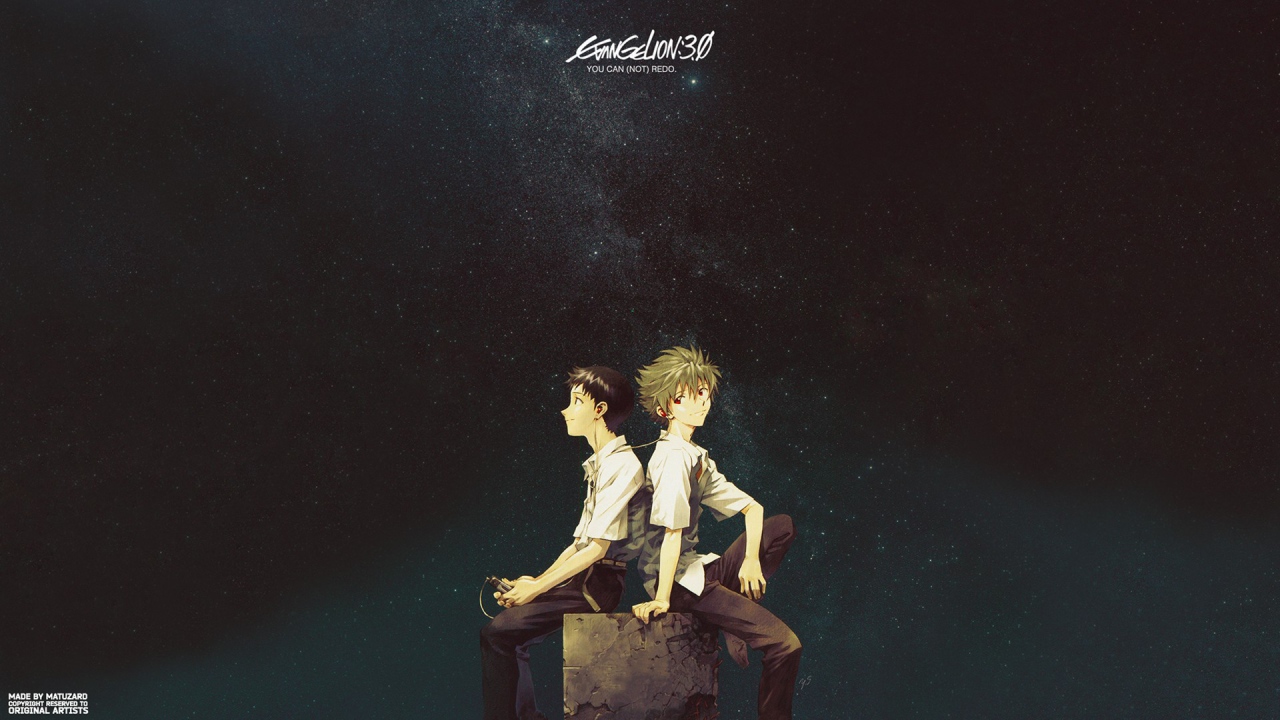 Два парня сидят на камне и слушают музыку, аниме