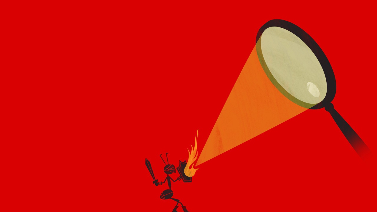 Муравей защищается от луча, красный фон