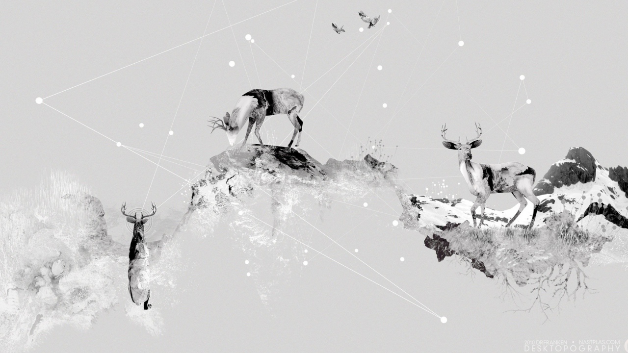 Олени в горах, серый фон