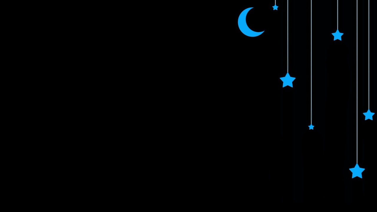 Луна и звезды на веревочках, черный фон