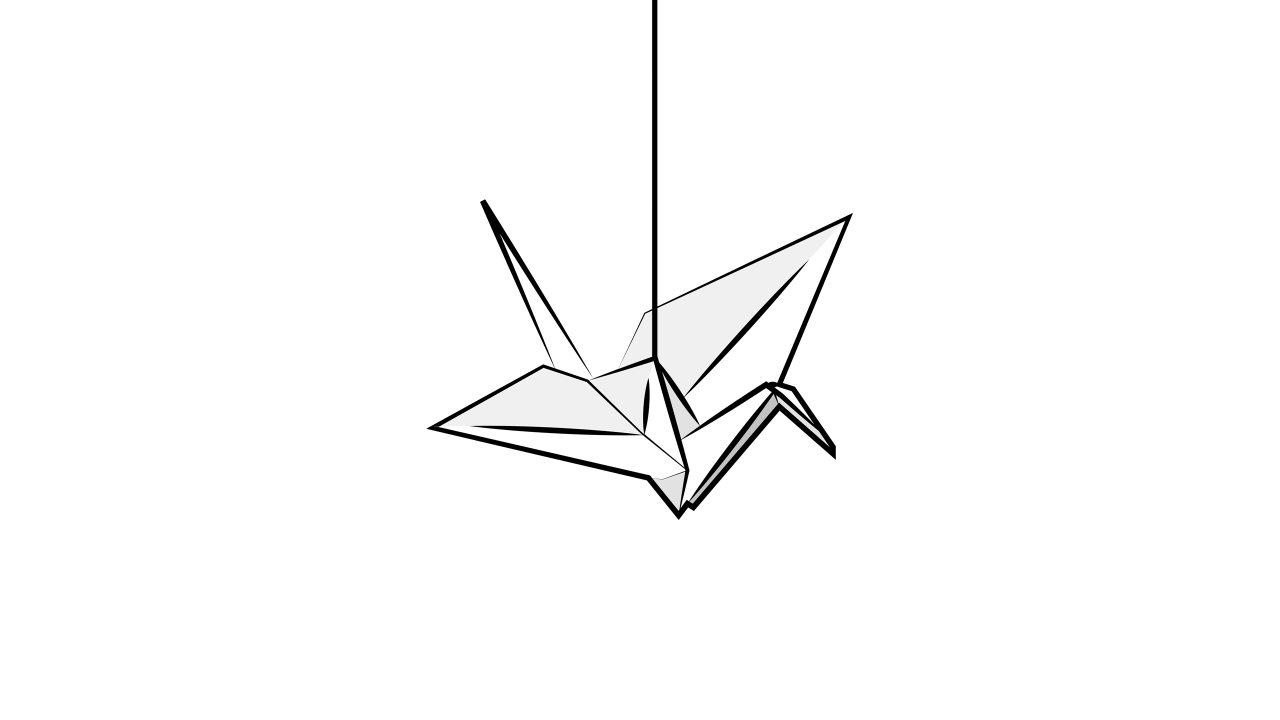 Журавлик оригами на нитке, белый фон