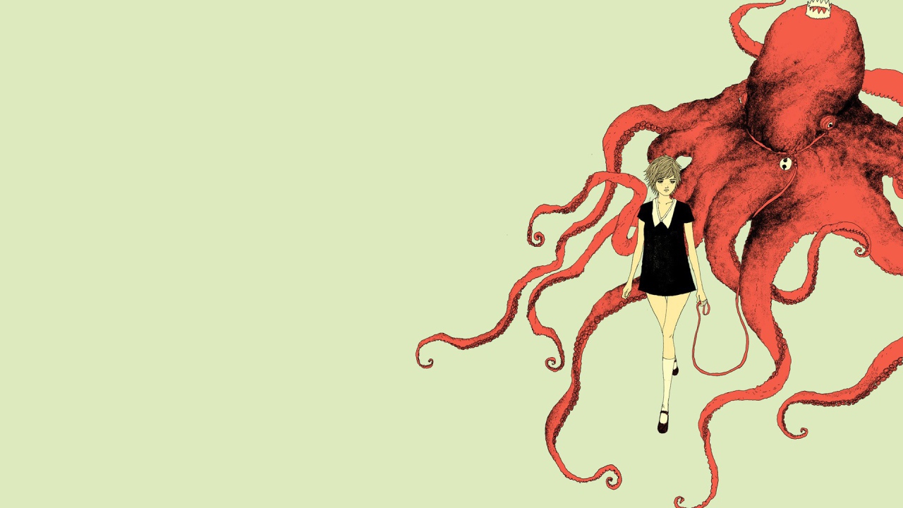 Девушка и красный осьминог, светлый фон
