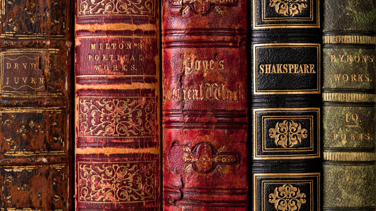 Корешки старых книг на полке библиотеки