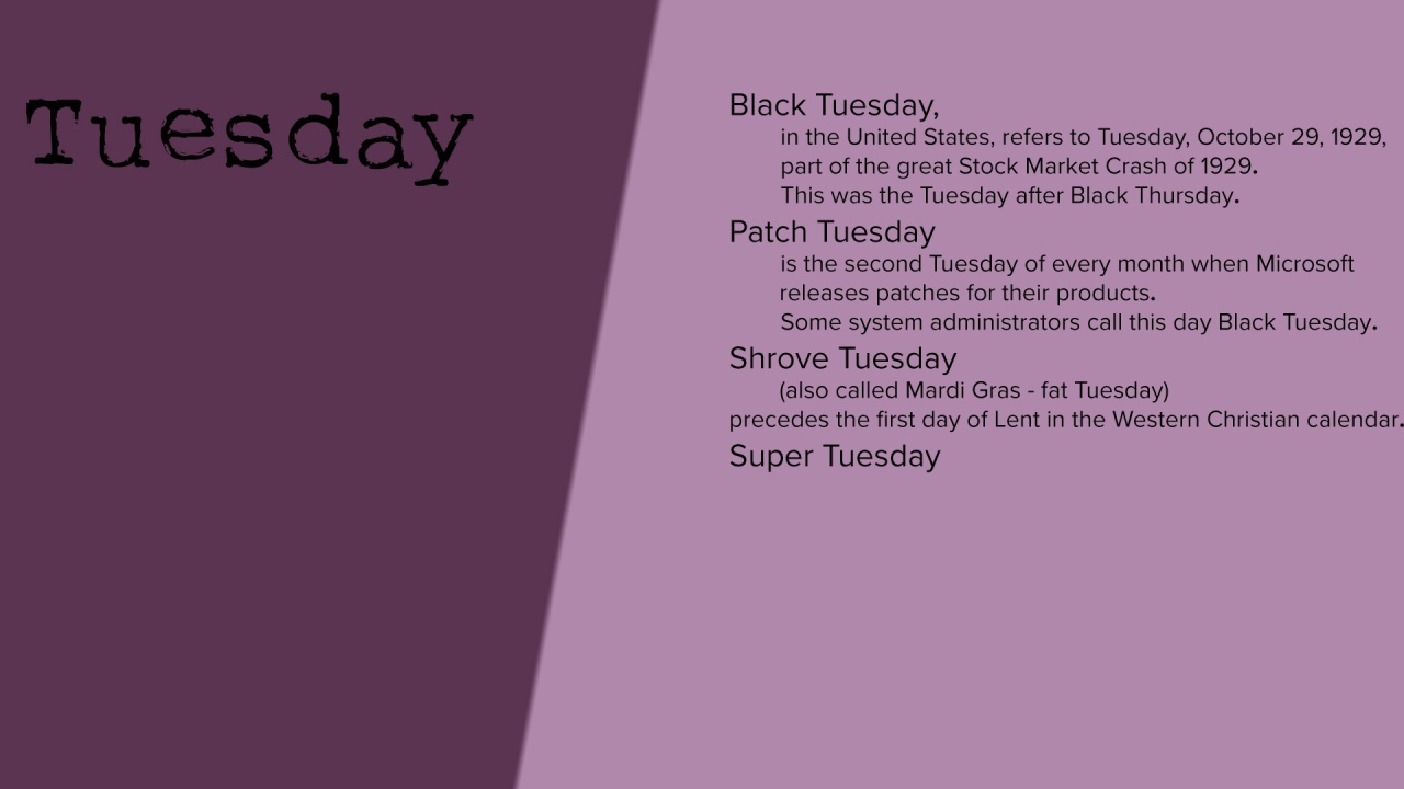 Описание вторника на английском языке