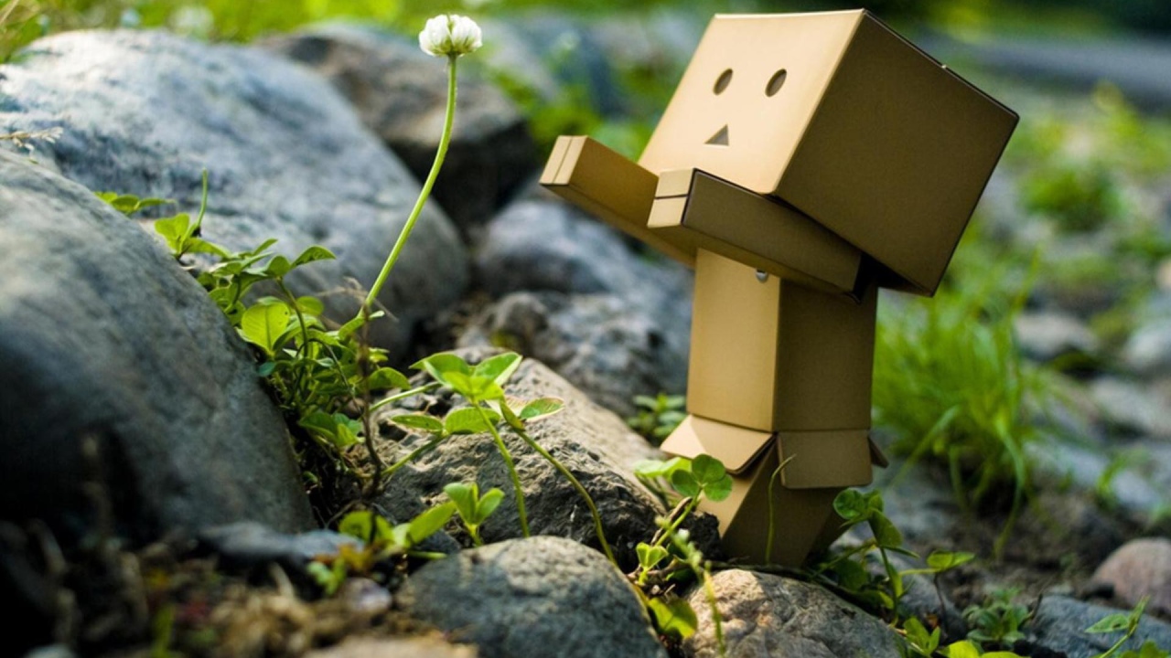 Картонный человечек радуется цветку