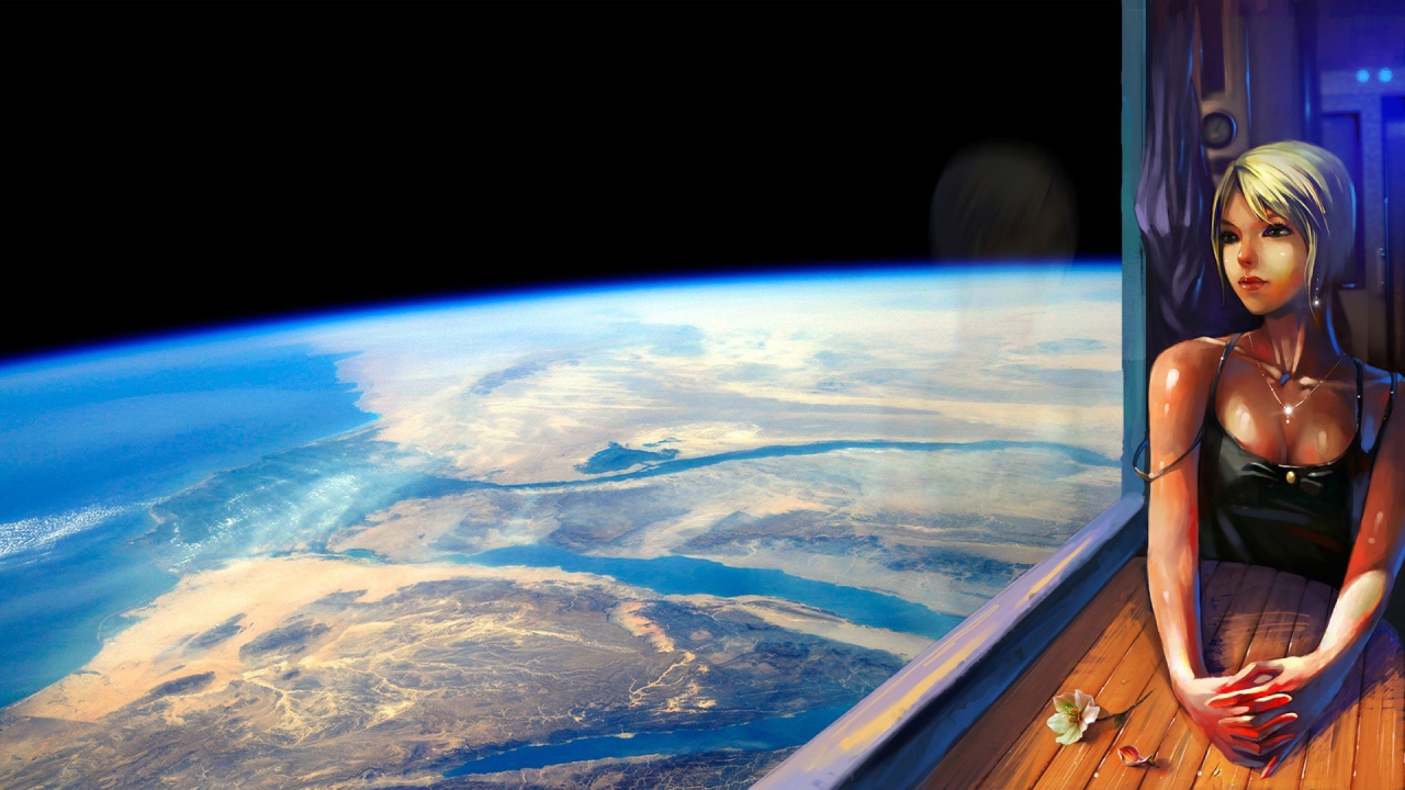 Девушка блондинка смотрит в окно на Землю