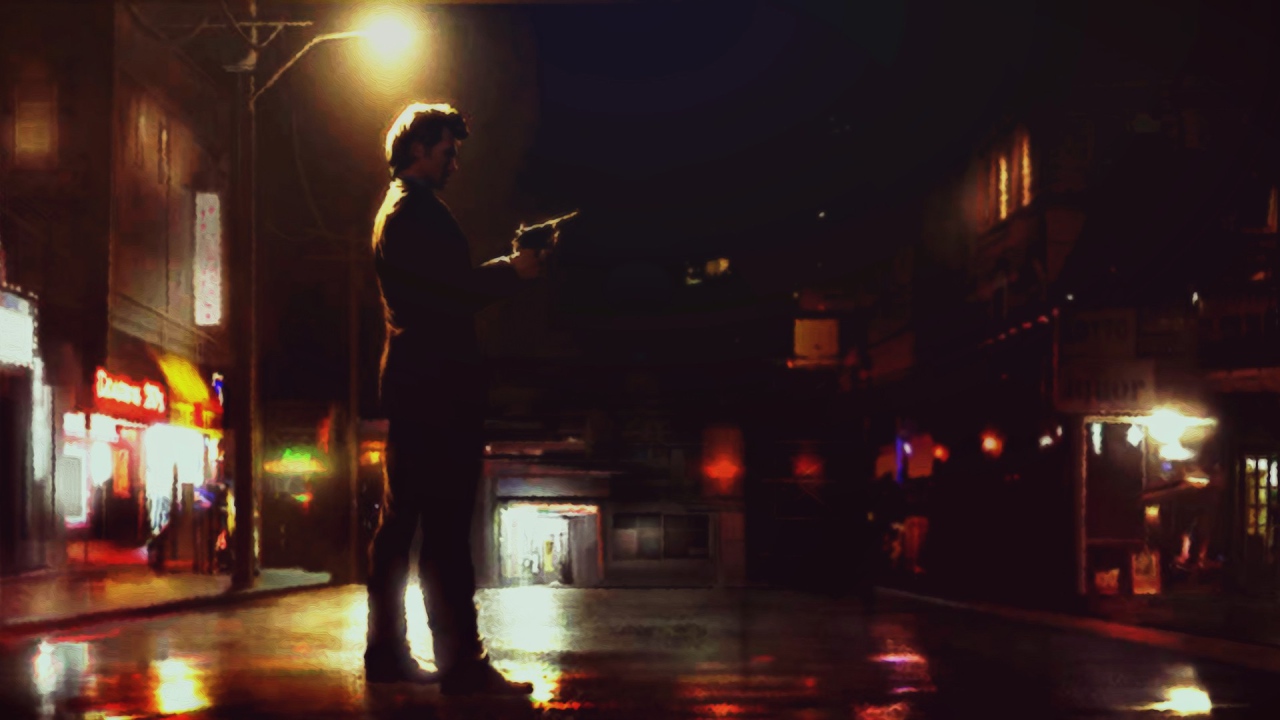 Мужчина с пистолетом на ночной улице