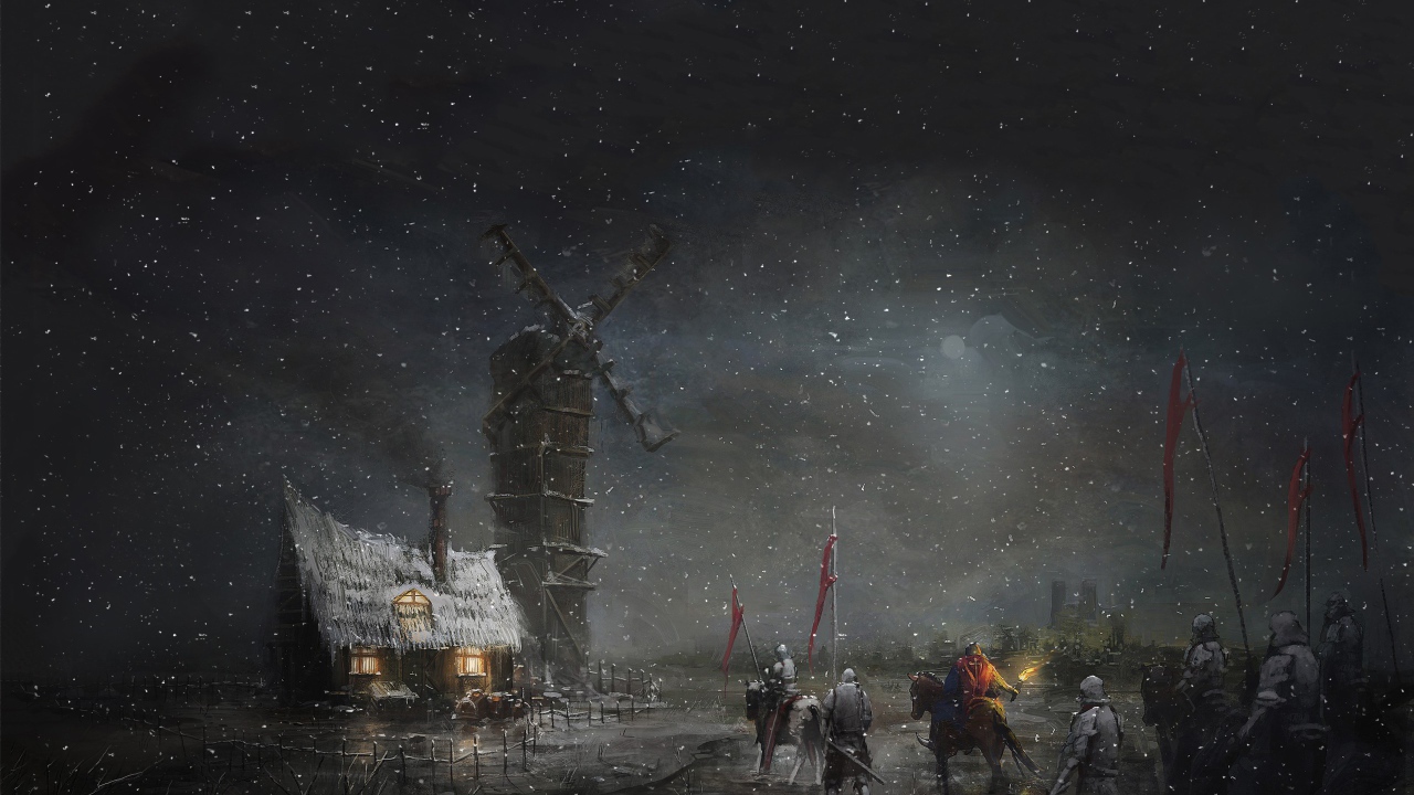 Отряд солдат у ветряной мельницы