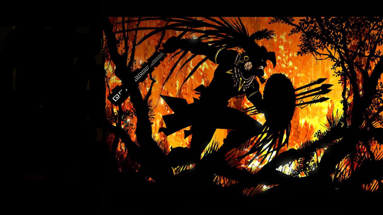 Воин ацтек в горящем лесу