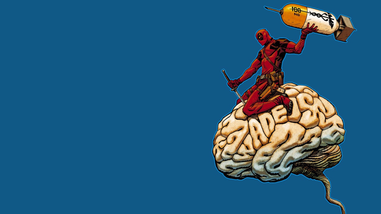 Дэдпул на мозге, голубой фон