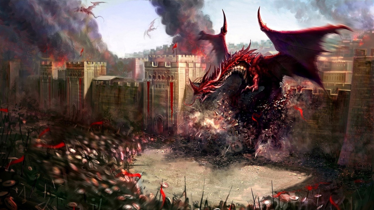 Красный дракон рушит крепостную стену