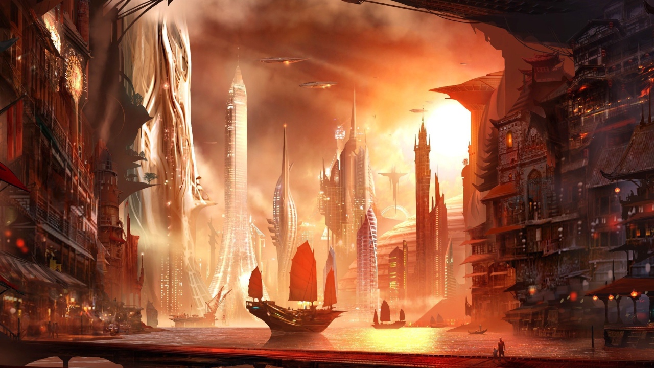 Парусник в азиатском городе будущего