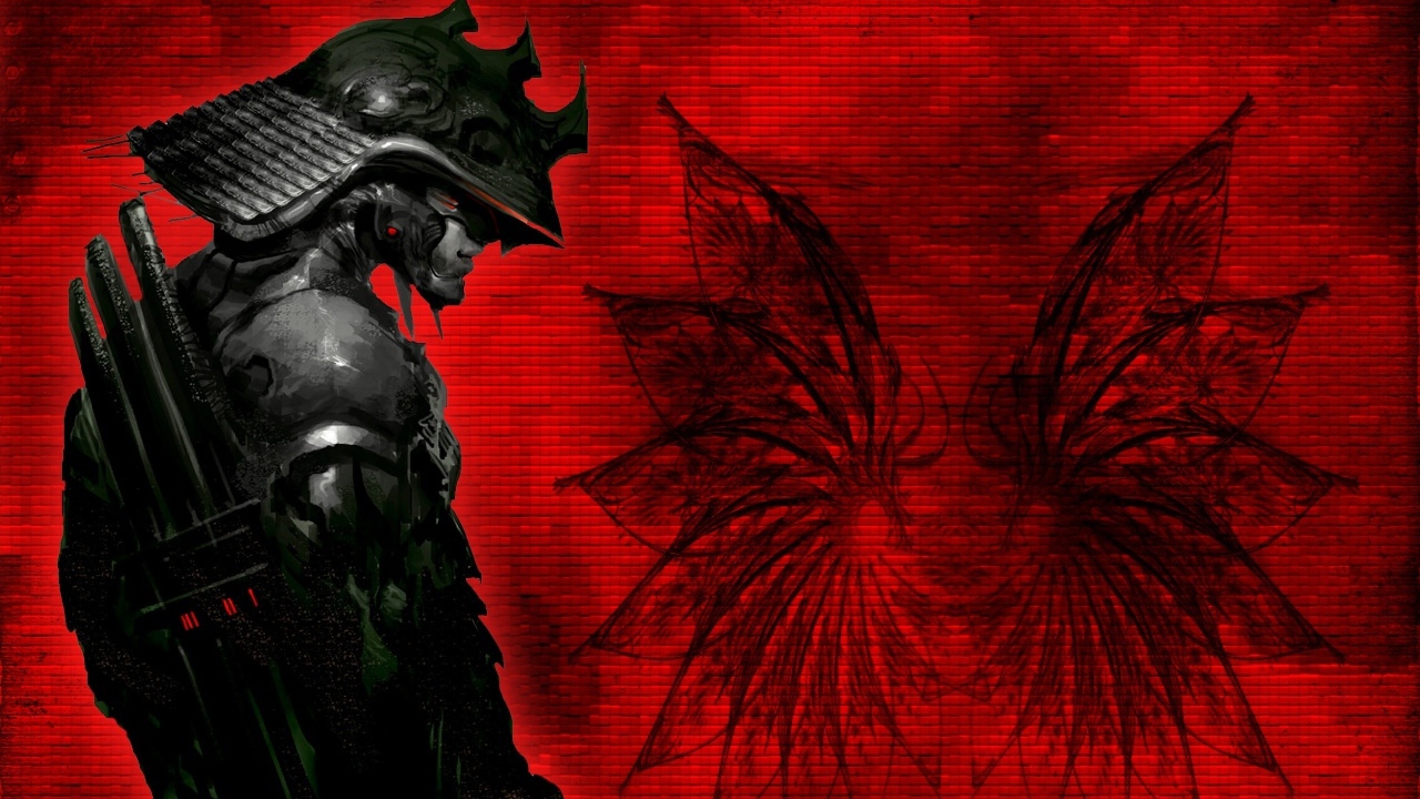 Самурай в доспехах на красном фоне