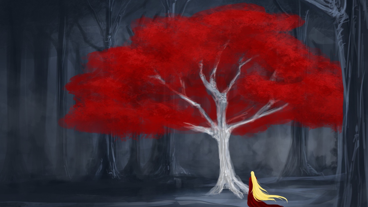 Девушка у красного дерева в мире сказок