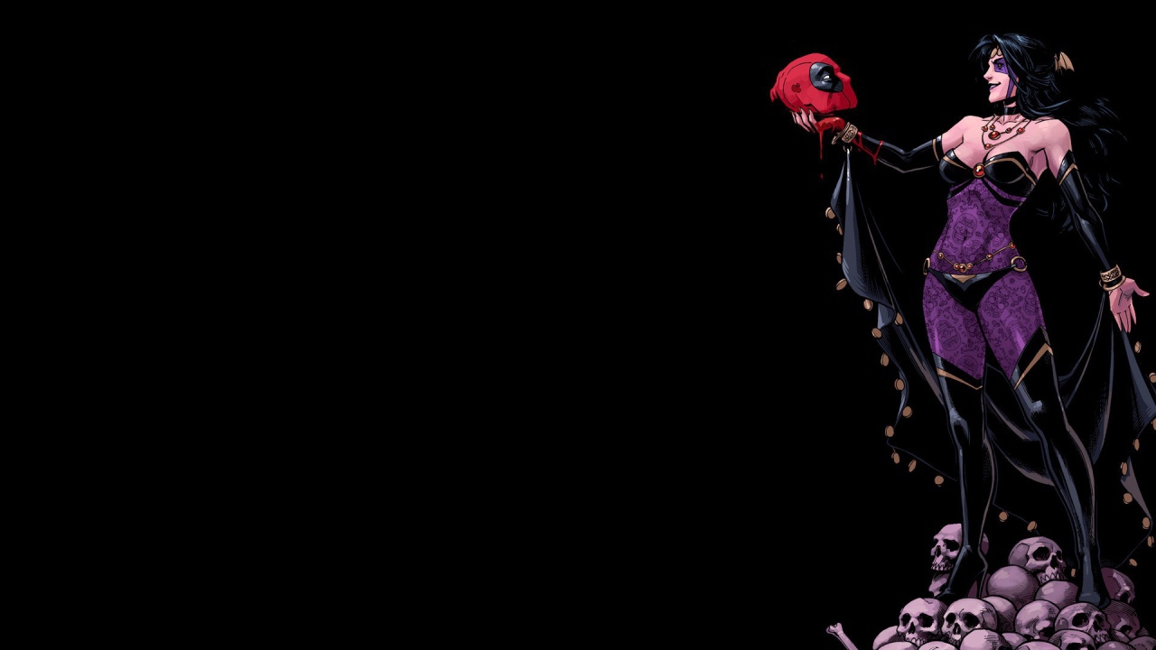 Девушка держит в руке голову Дэдпула