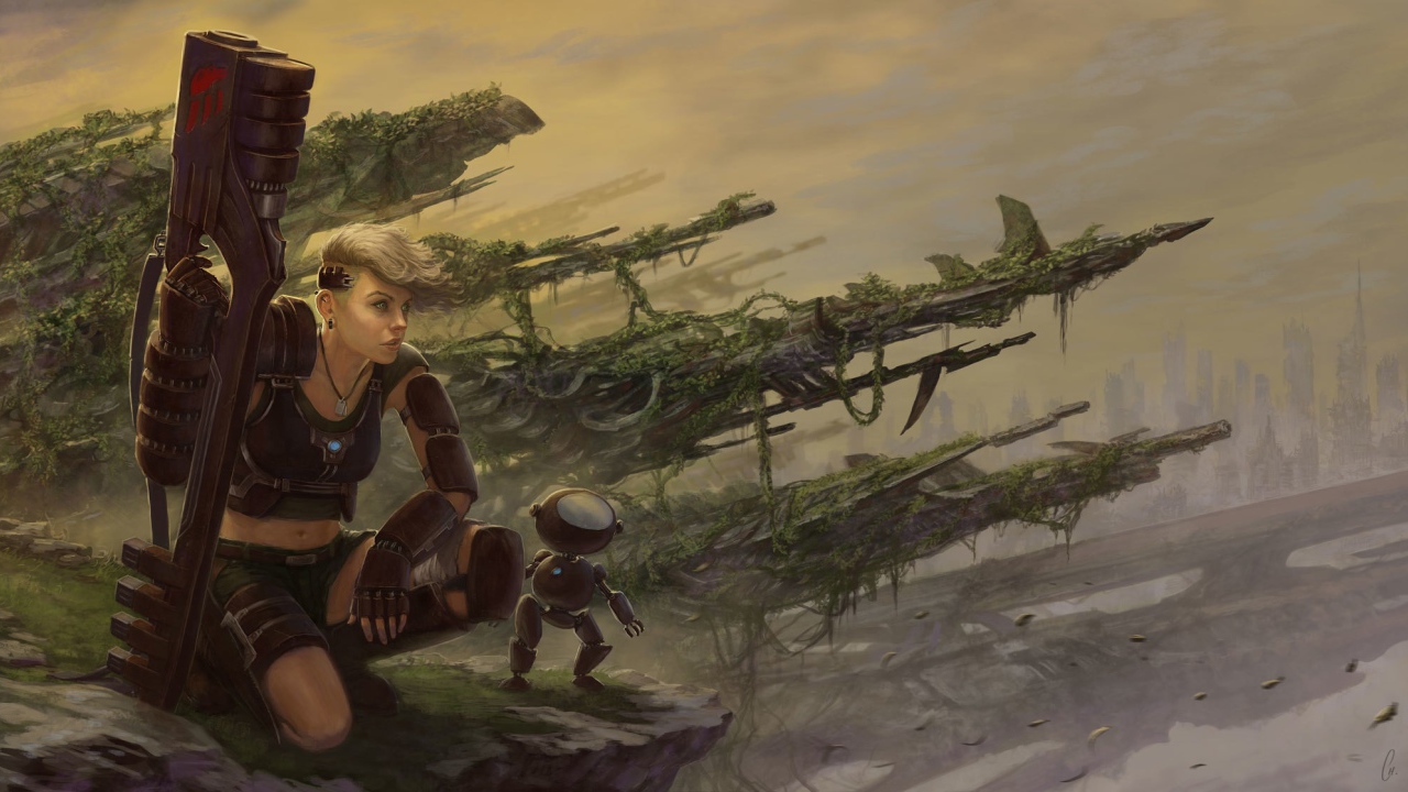 Девушка солдат с роботом помощником