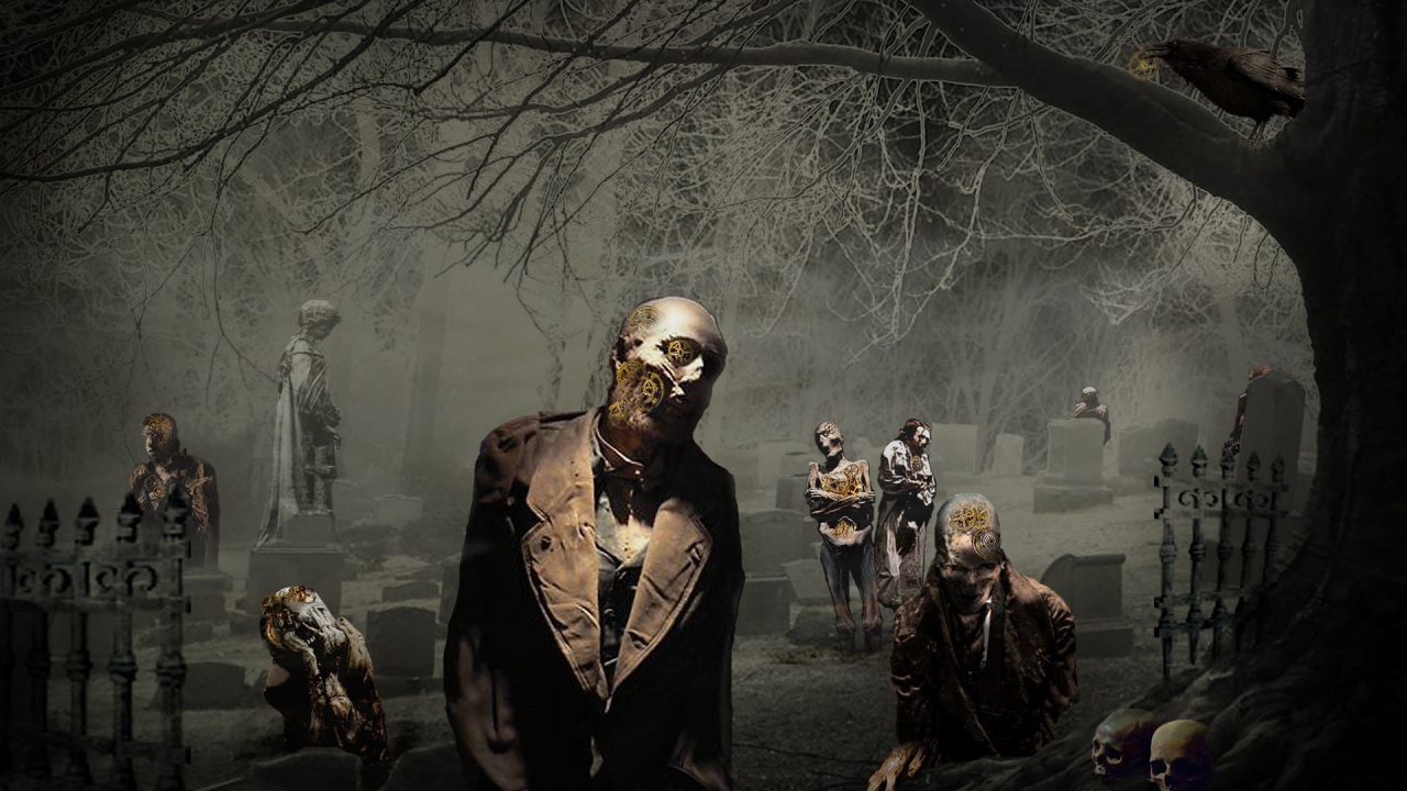 Зомби среди памятников на кладбище