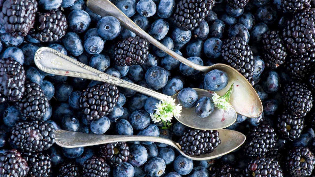 Ложки среди ягод черники и ежевики