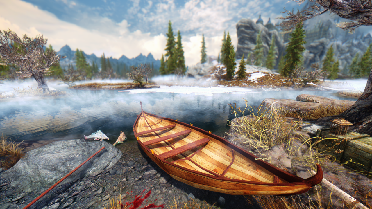 Лодка у реки в игре The Elder Scrolls V Skyrim