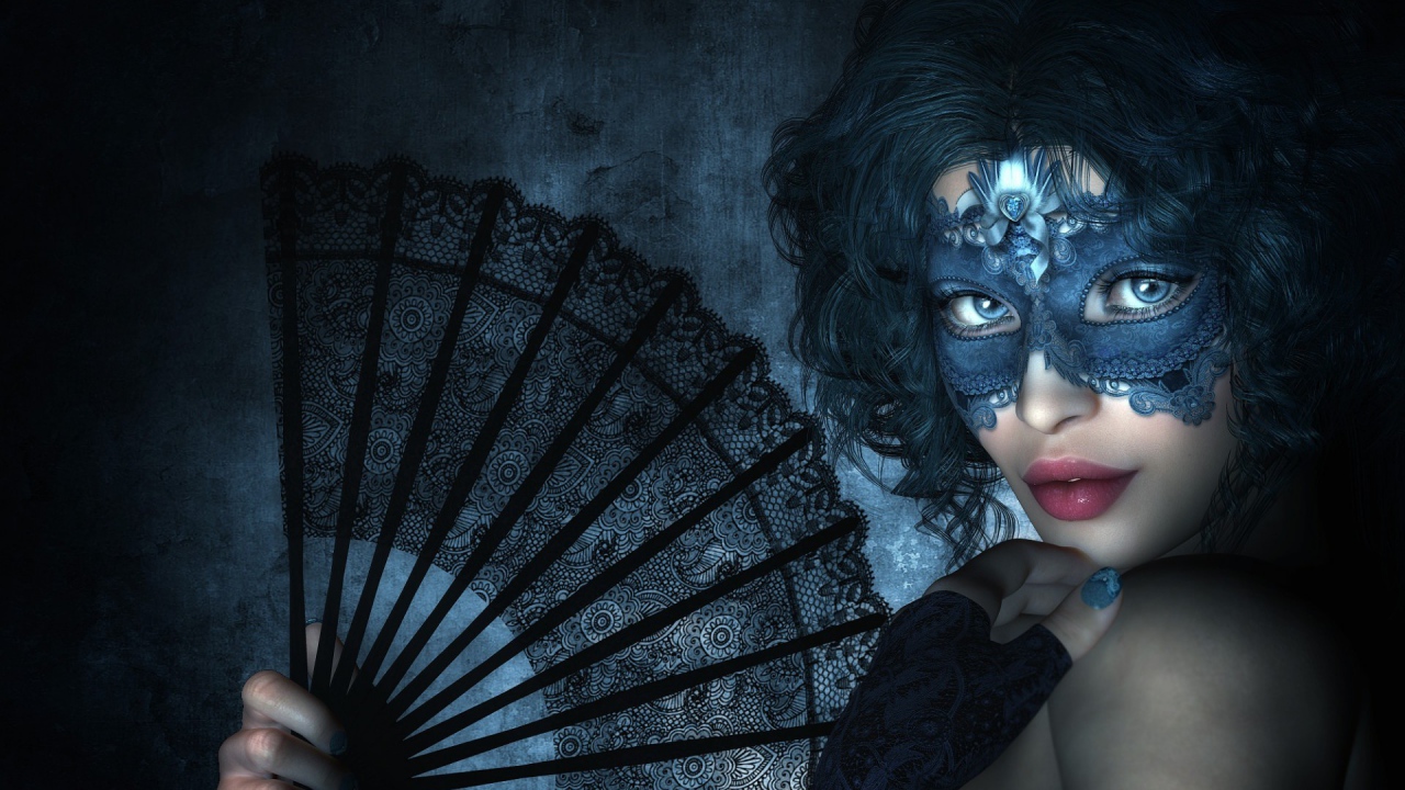 Девушка в маске с черным веером
