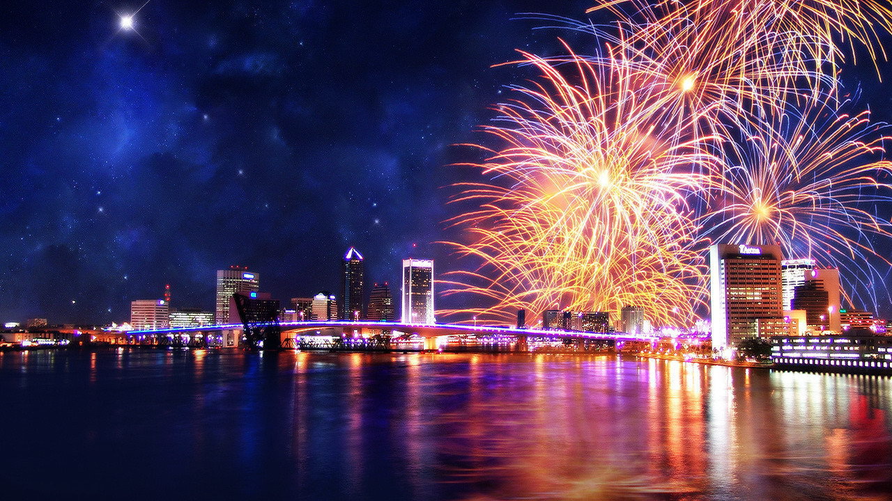 Праздничный фейерверк на звездном небе