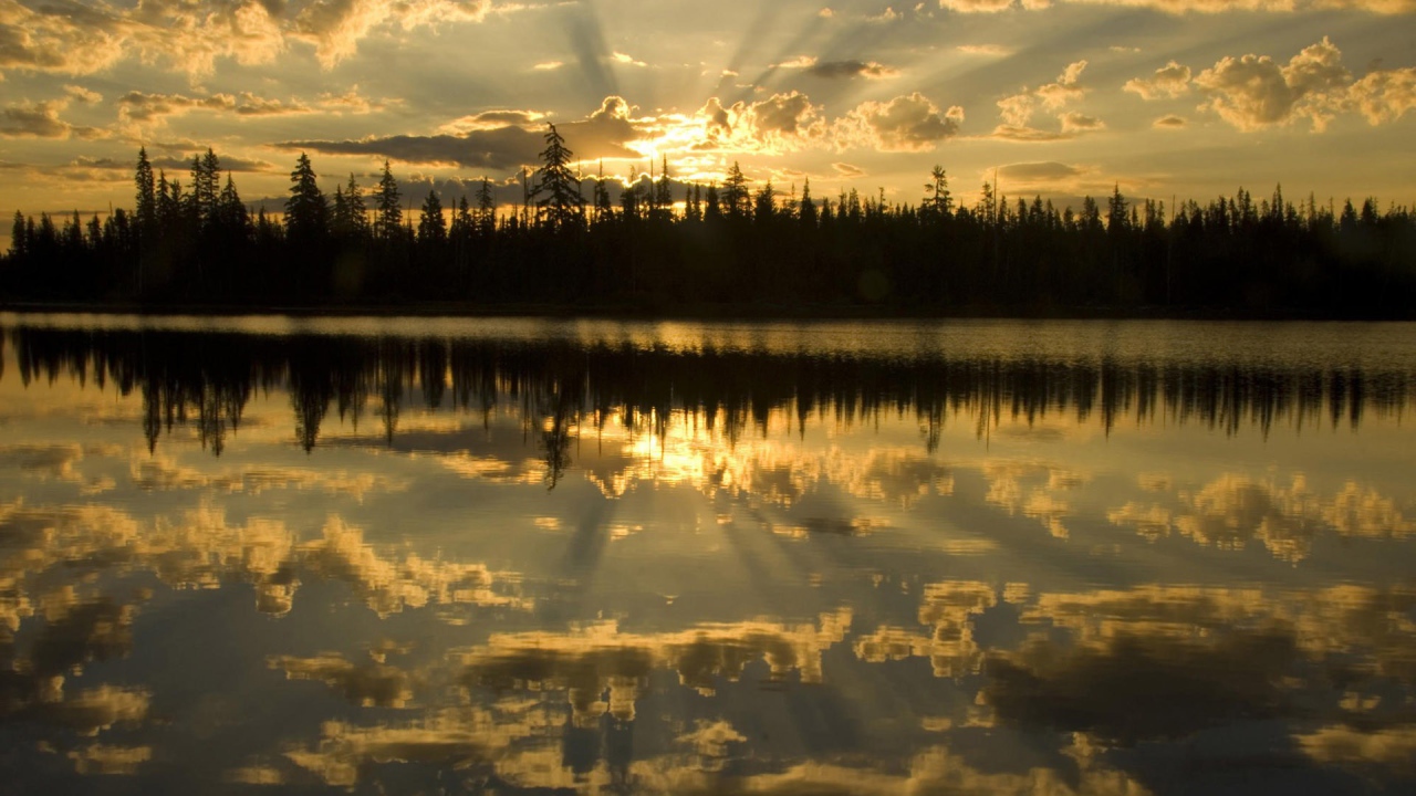 Освещенные лучами солнца облака отражаются в воде