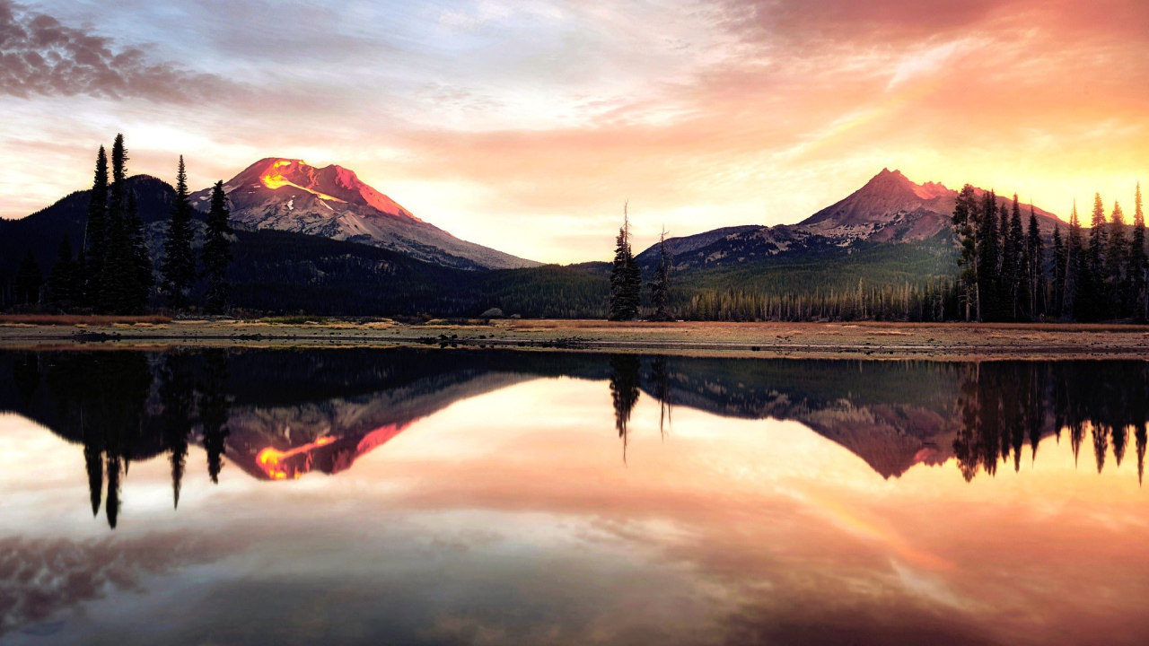 Two mountains reflected in the lake water
