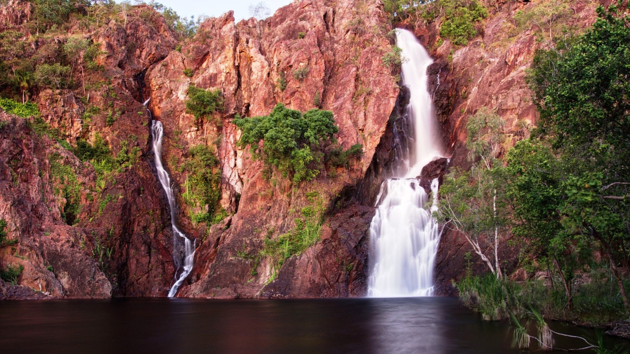 Зелень на розовых скалах с водопадом