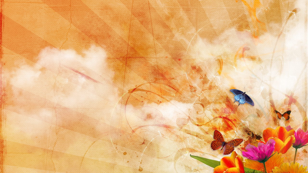 Цветы и бабочки на облаках