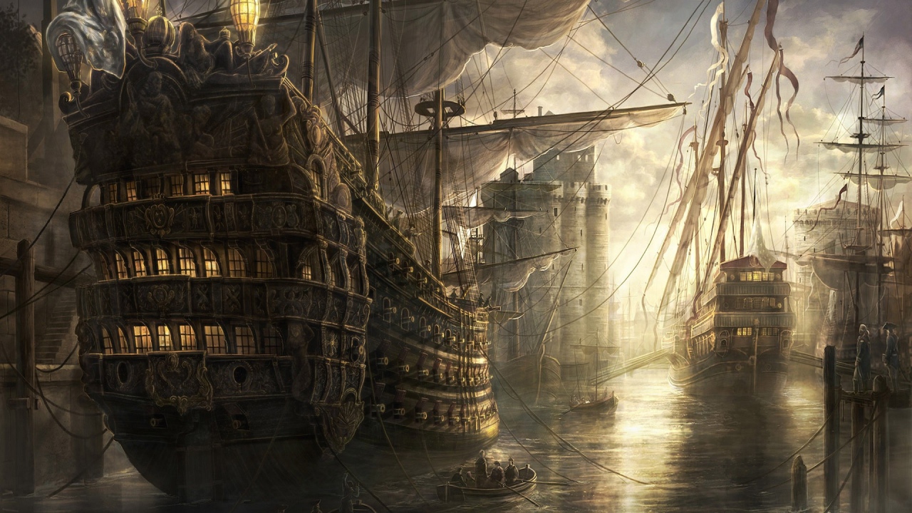 Старинные парусные корабли в порту
