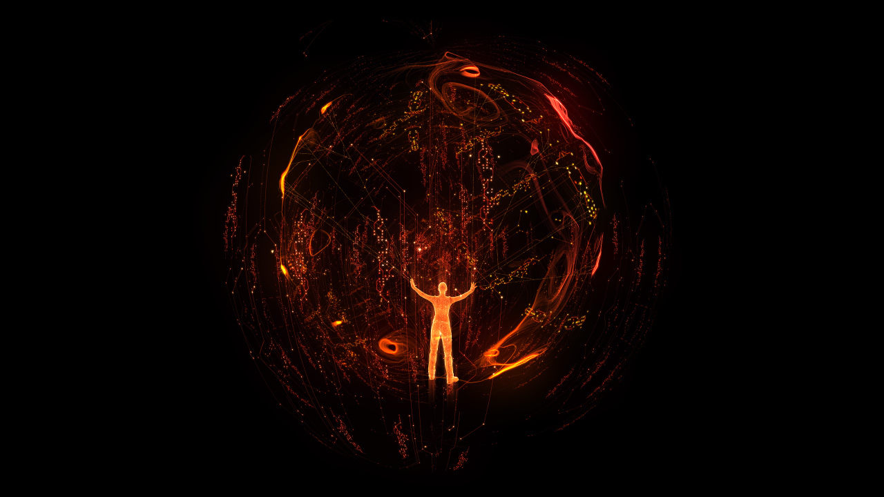 Огненный человек в сфере на черном фоне