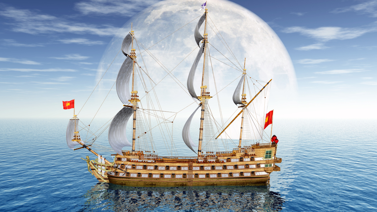 Большое парусное судно на фоне луны в море 3д графика