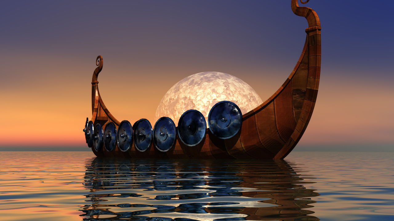 Лодка викингов на фоне луны в воде 3д графика