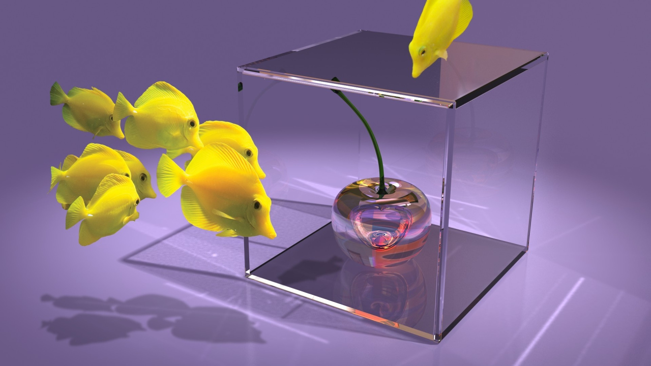 Желтые рыбки и вишня в стеклянном  кубе  3D графика 