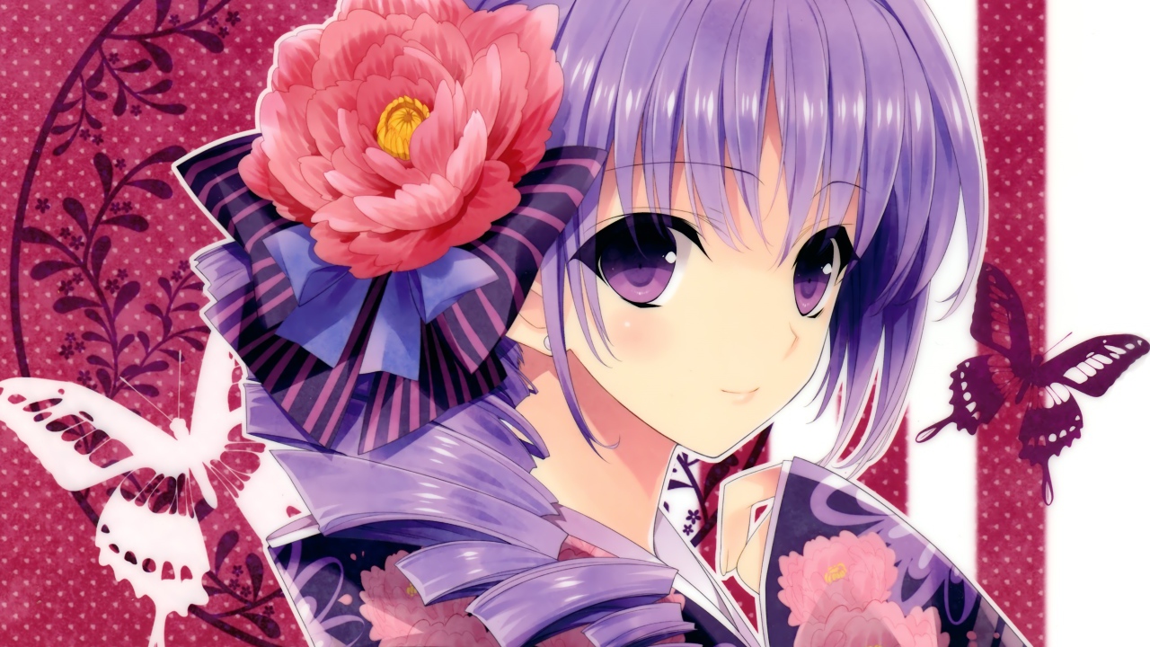 Девушка аниме в кимоно и большим красным цветком в волосах