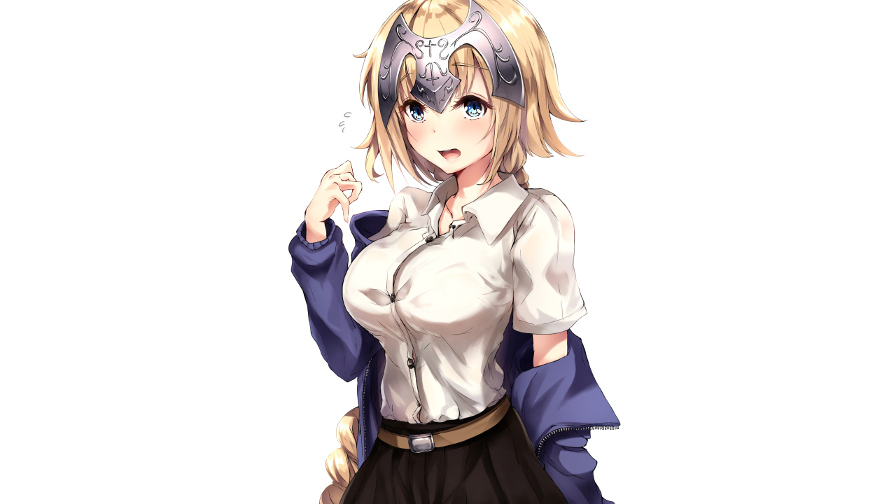 Девушка в костюме на белом фоне аниме Судьба. Апокриф