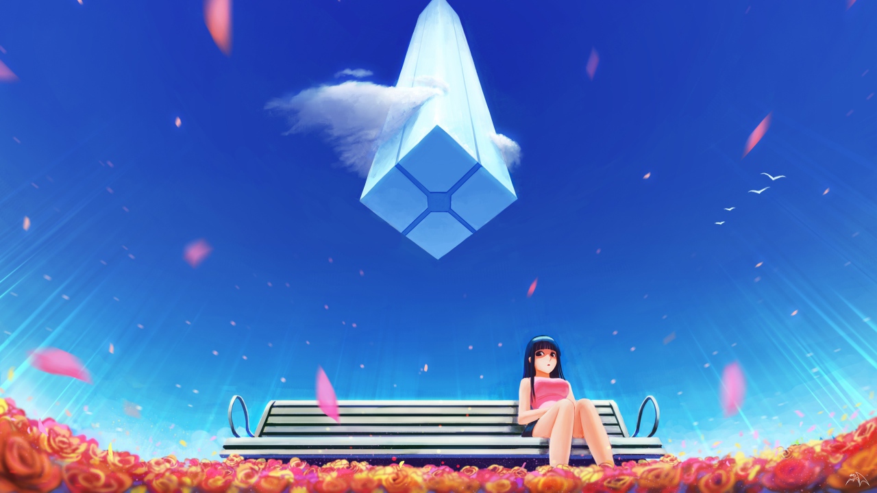 Девушка аниме на фоне голубого неба  