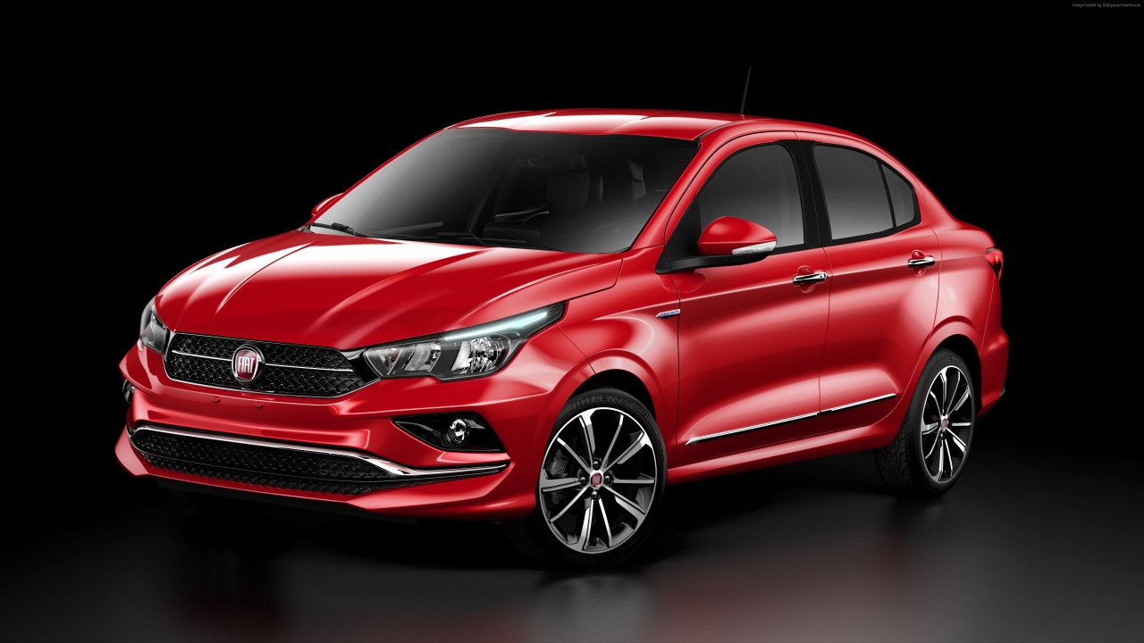 Красный автомобиль  Fiat Cronos, 2018 на черном фоне