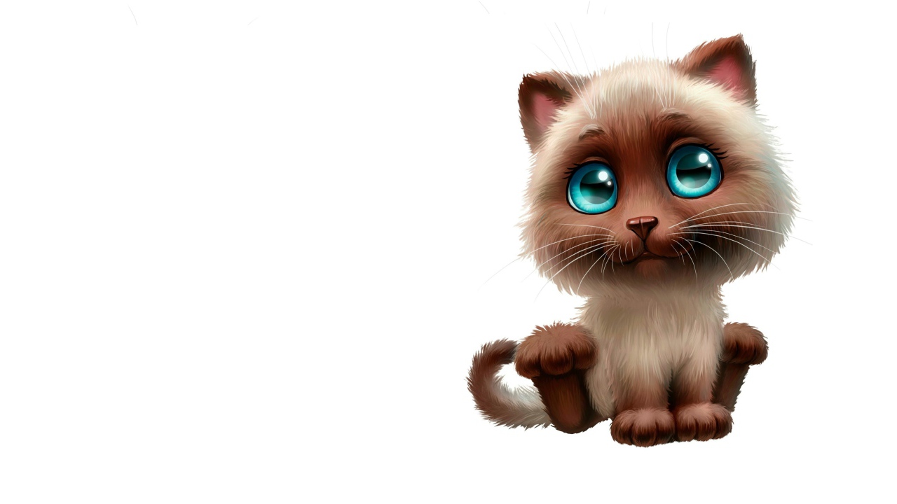 Нарисованный милый котенок с большими глазами на белом фоне