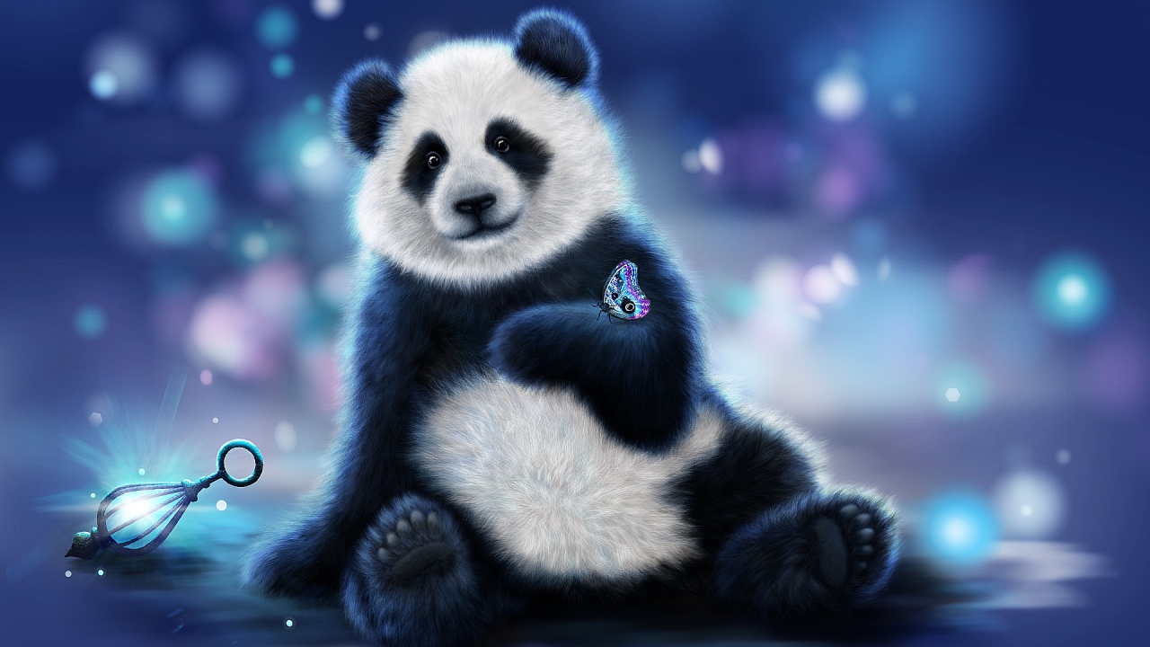 Painted panda bear with a butterfly on its paw