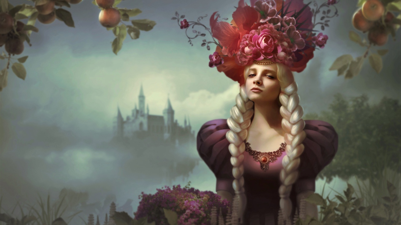 Красивая девушка с длинными волосами и цветами на голове, фэнтези