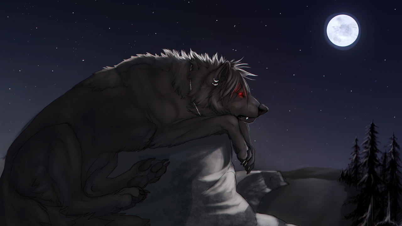 Большой черный волк на камне под луной