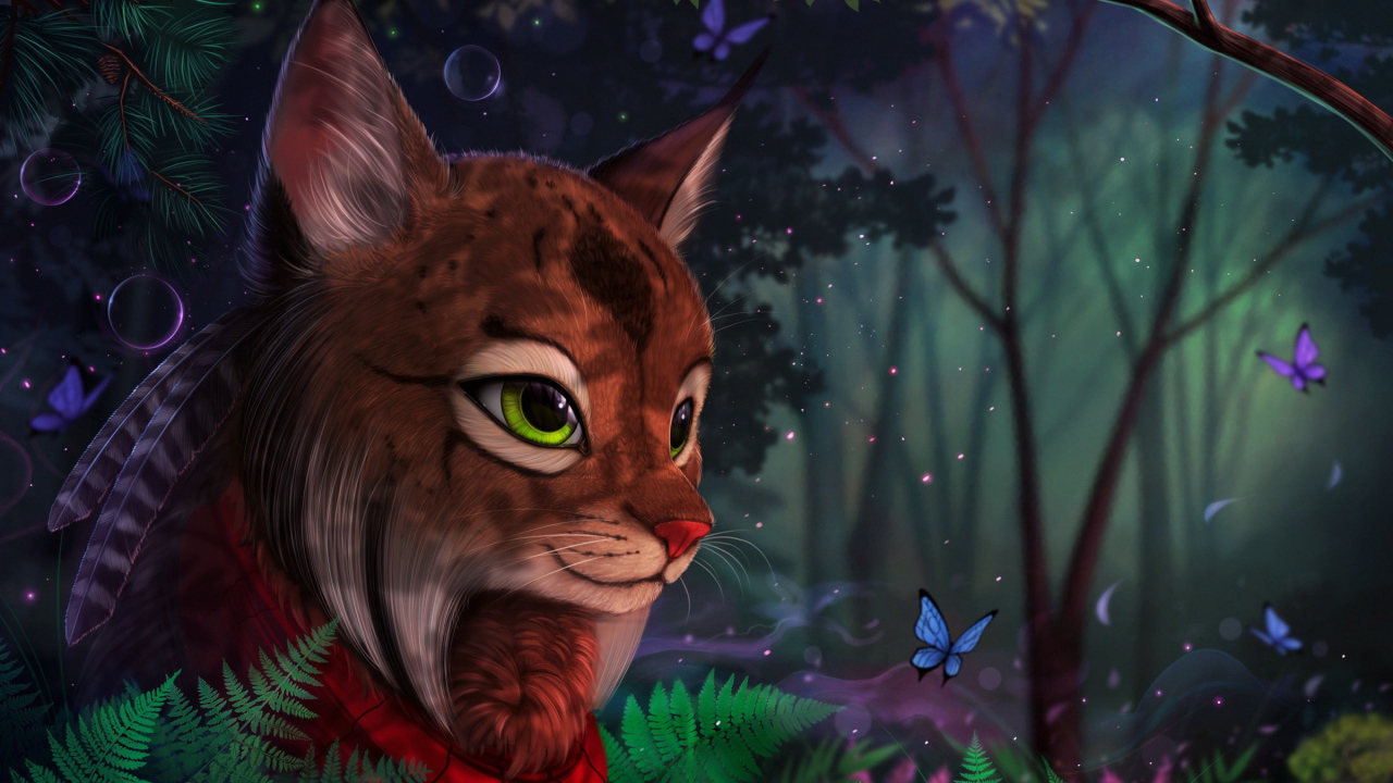 Фантастическая волшебная рысь в лесу с бабочками