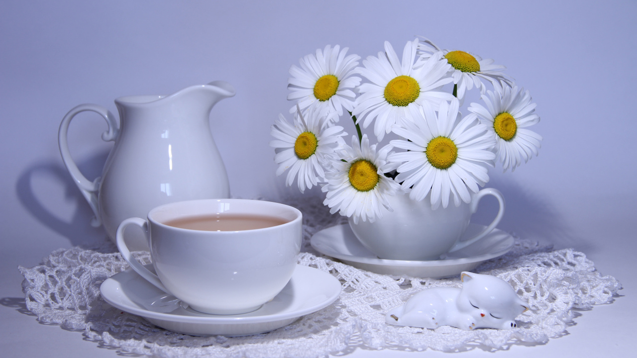 Белая чашка какао на столе с кувшином и белыми ромашками