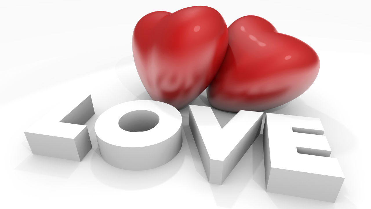 Два больших красных сердца с надписью Любовь на белом фоне, на 14 февраля