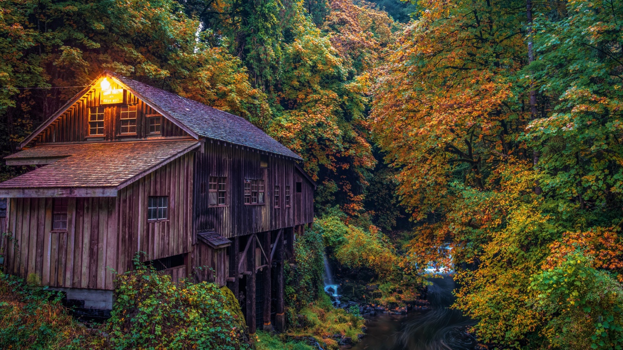 Водяная мельница в осеннем лесу